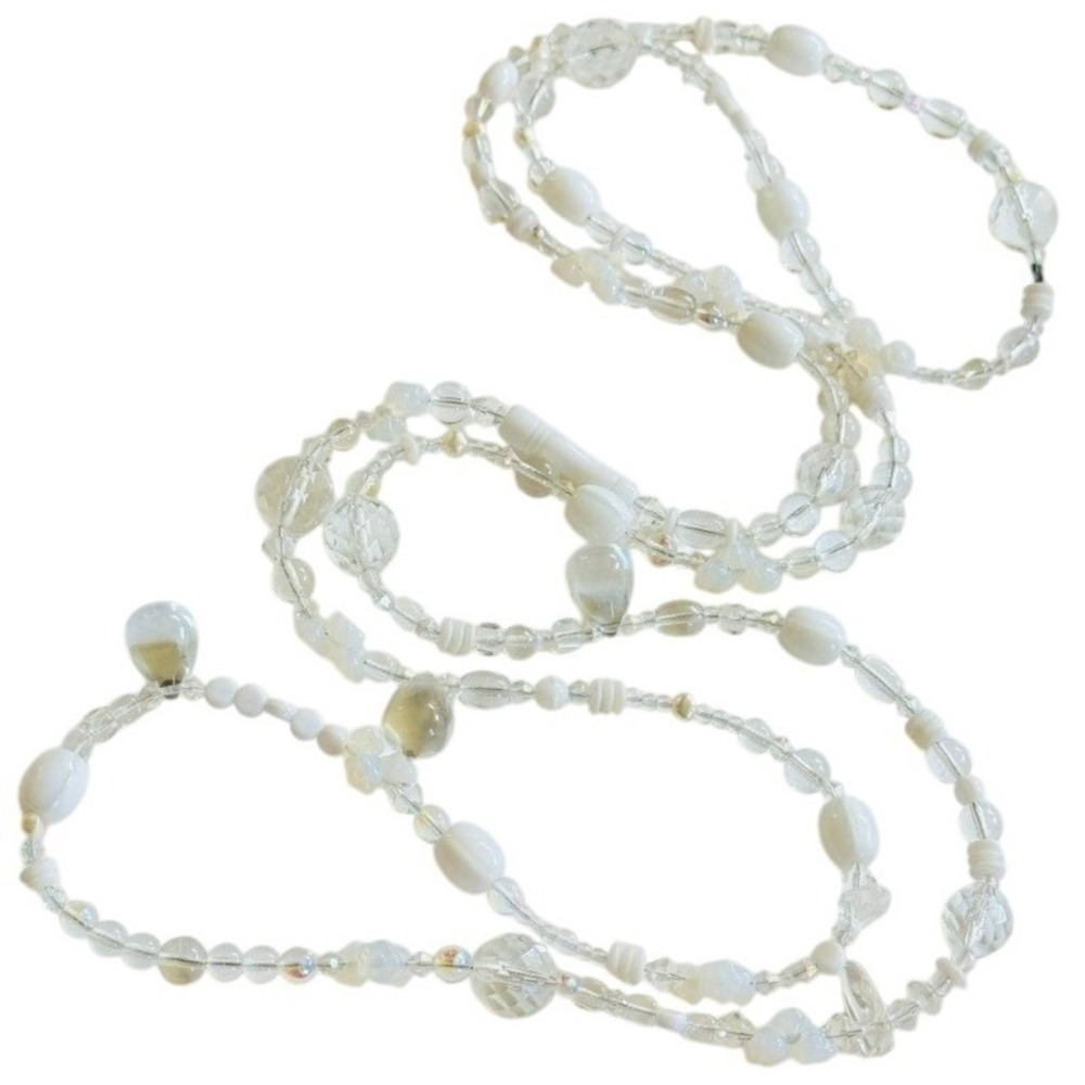 Vtg Glass Necklace Beaded Clear Milk White Strand Poured Long‎ Opera Flapper 56"